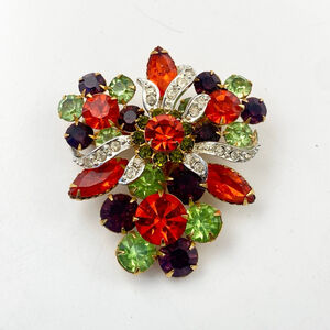 Vintage Fruit Salad Orange Green Purple Floral Rhinestone Brooch.